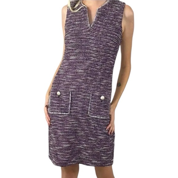 Karl Lagerfeld Paris Woven Tweed Split Neck Sheath Dress